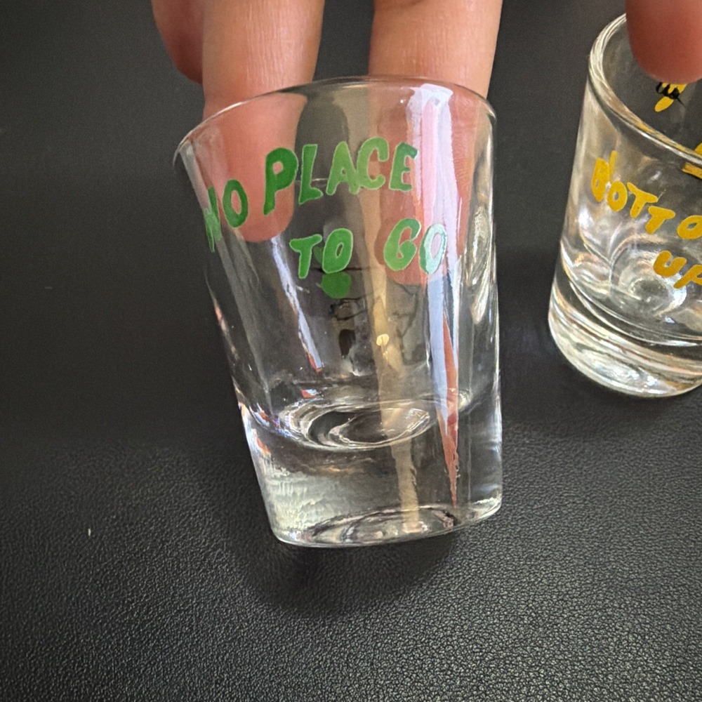 Vintage Bottoms Up And No Place To Go 2 Novelty Shot Glasses 1950's MCM!